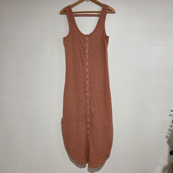 EUC ANTHROPOLOGIE DAILY PRACTICE WAFFLE KNIT SCOOP NECK BUTTON DOWN TAN DRESS M - Picture 1 of 14